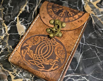 Leather Norse Tarot Card Case with Viking Runes, Helm of Awe, Mjolnir & Odin’s Ravens, Vintage Distressed Look Handmade Premium Deck Box
