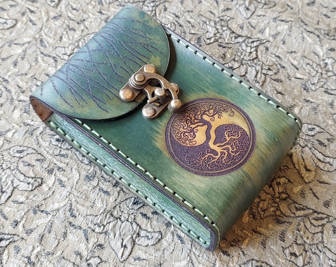 Featured listing image: The Tree of Life green leather tarot card case. Handmade premium leather tarot deck box featuring a Tree of Life on the front & one on back.