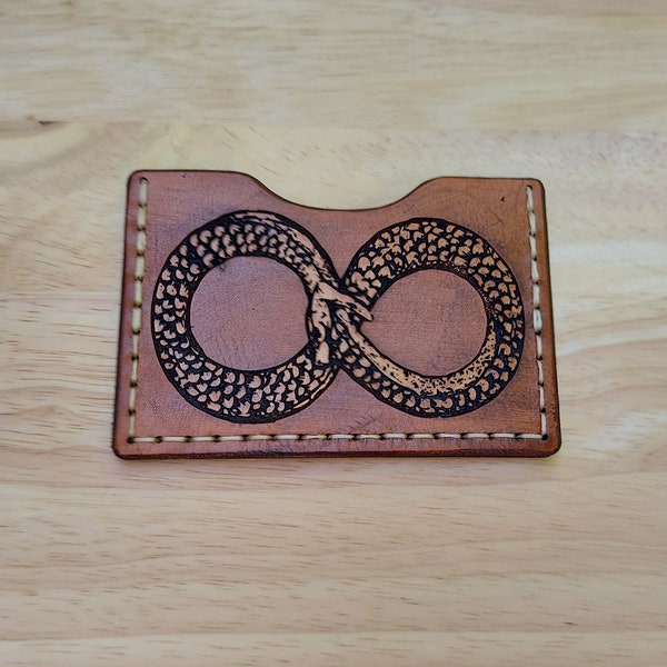 Ouroboros Slim Minimalist Card Wallet in Rustic Brown with Natural Tan Hand Stitching, Infinity Serpent Symbol Handmade Leather Card Wallet