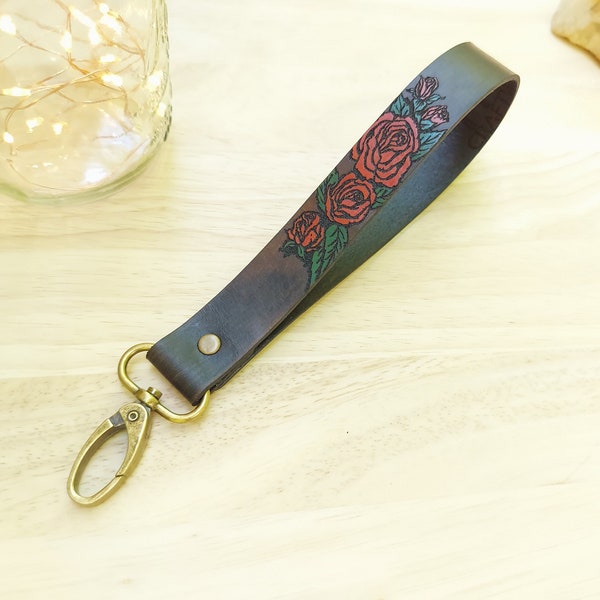 Red Roses Hand painted on Premium Leather Wrist Strap.  Wrist strap for keys, wallet, clutch. Long keychain. Strap replacement.