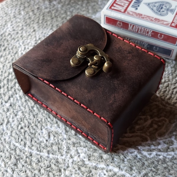 Premium Leather Playing Card Case in Antique Black with Red Stitching. Handmade Full Grain Leather Poker Card Case. Holds 2 Poker Size Decks
