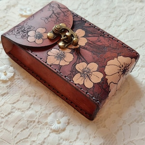 Premium Leather Tarot Card Case With Cherry Blossoms. Handmade Sakura Tarot Deck Box in Mahogany & Natural Tan, Japanese Floral Card Holder.