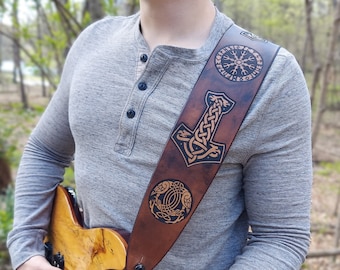 Viking Runes Premium Leather Guitar Strap with Helm of Awe, Odin's Ravens, Thor's Hammer. Hand Dyed in Dark Brown & Tan with Adjustable Fit