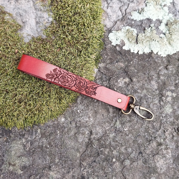 Leather Wrist Strap. Wristlet Strap with Roses for Keys, Wallet, Clutch, Badge. Long Keychain. Wriststrap Replacement. Red & Antique Brass