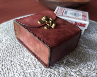 Premium Leather Playing Card Case in Mahogany with Black Stitching. Handmade Full Grain Leather Poker Card Case. Holds 2 Poker Size Decks