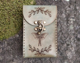 Premium Leather Tarot Card Case. Luna Moth in Moonlight Tarot Card Box. Handmade Leather Tarot Deck Holder in Moonlight Blue, Hand Sewn Tan