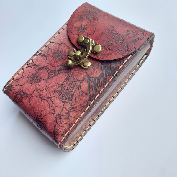 Cherry Blossoms Two Color Premium Leather Tarot Card Case. Handmade Sakura Tarot Deck Box in Mahogany and Antique Back, Hand Sewn in Ivory