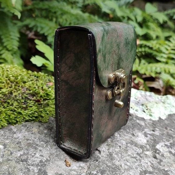 Premium Leather Tarot Card Case - Palm Sized Dark Forest Green. Handmade distressed look leather tarot deck box in deep greens. Handsewn