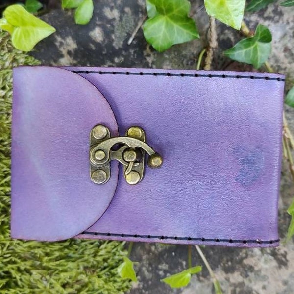 Premium Leather Tarot Card Case in Violet Cosmos.  Handmade distressed natural marks leather tarot deck box in purple and black.