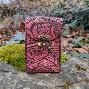 Pink Roses Premium Leather Tarot Card Case in red & black.  Roses, leaves, thorns completely cover this leather tarot deck box in rich pink.