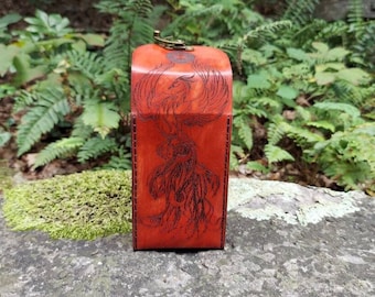Flame Red Fire Phoenix Tarot Card Case premium flame red leather. Handmade leather tarot deck box featuring Fire Phoenix Bird solar flare