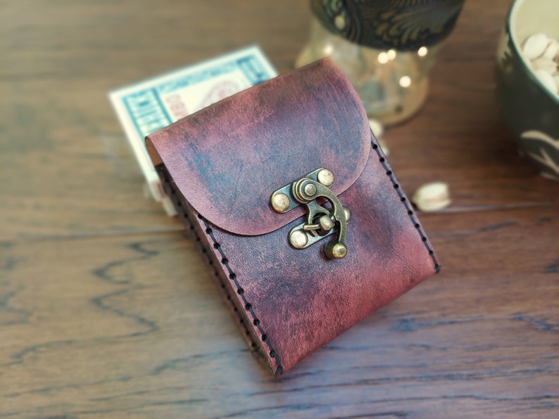 Playing Card Game Case Handmade premium leather. Hand dyed in Mahogany, hand sewn in Black hand crafted poker sized card case holds 2 decks.