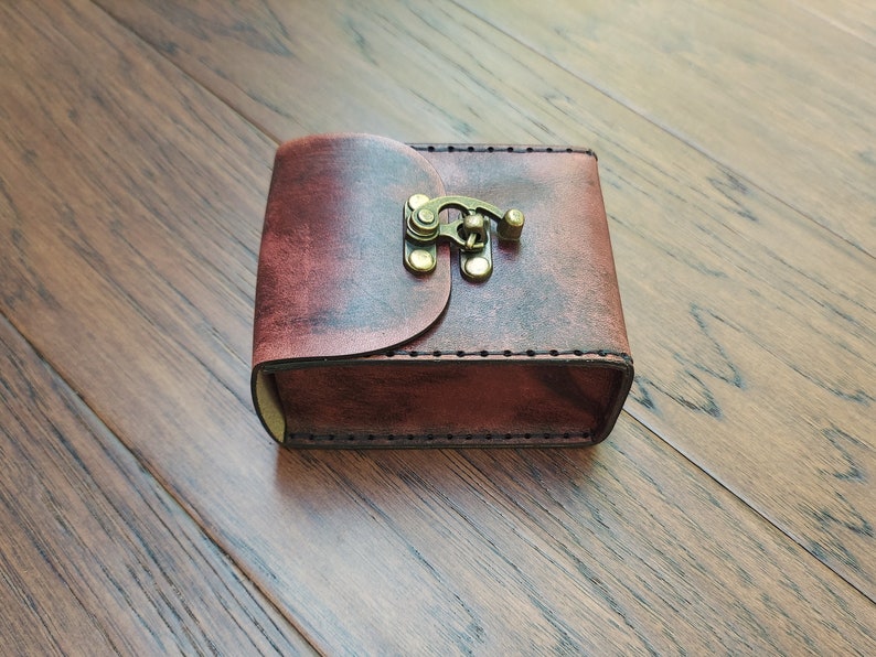 Playing Card Game Case Handmade premium leather. Hand dyed in Mahogany, hand sewn in Black hand crafted poker sized card case holds 2 decks.