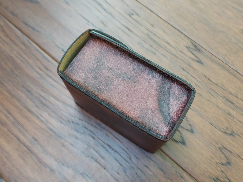 Playing Card Game Case Handmade premium leather. Hand dyed in Mahogany, hand sewn in Black hand crafted poker sized card case holds 2 decks.