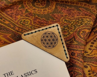 Flower of Life Hand Made Premium Leather Corner Bookmark, Unique Sacred Geometry Bookmark, Gift for book lover, Perfect stocking stuffer