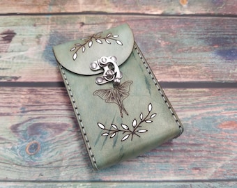 Unique Leather Tarot Card Case: Luna Moth in Moonlight with Hand Painted Silver Laurel