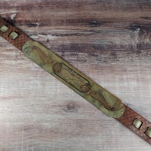 Handmade Leather Guitar Strap - Blue Lotus & Koi Fish. Hand crafted with thick premium leather. Fully adjustable sizing for custom height