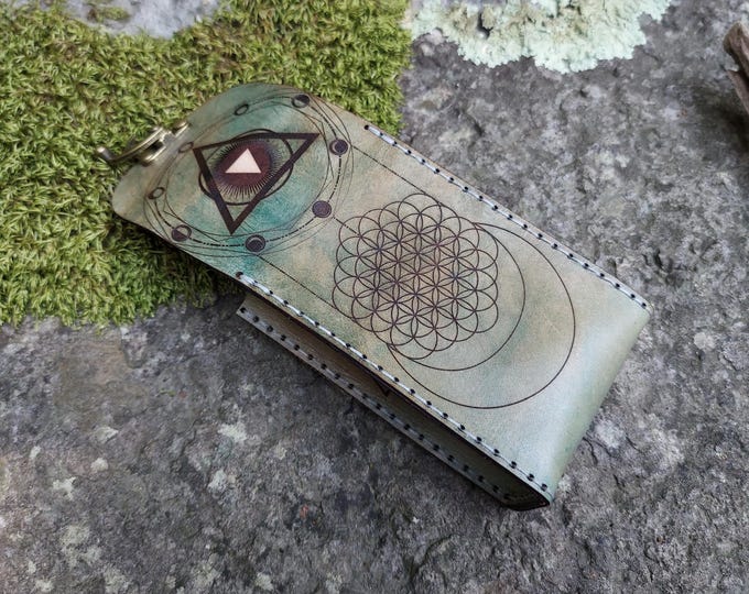 Featured listing image: Moon Phase Handmade Leather Tarot Card Case. Premium full grain leather tarot deck box with sacred geometry, eye of providence, lunar phases