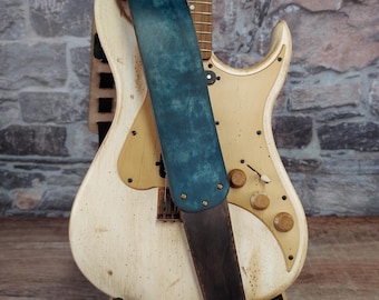 Midnight Blue Leather Guitar Strap. Handmade instrument strap in distressed marbled blue thick premium leather. Vintage look musician gift