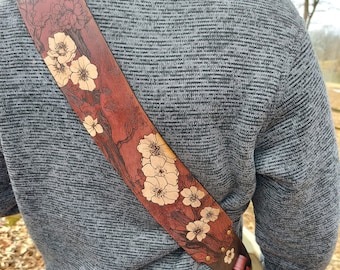 Cherry Blossoms Leather Guitar Strap. Handmade Instrument Strap in Mahogany and Antique Black.  Adjustable sizing for custom fit.