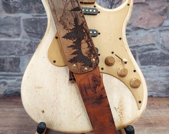 Frontier Americana Leather Guitar Strap: Handmade Instrument Strap with Bison and Mountain Landscape - Mildly Distressed Two Tone Brown
