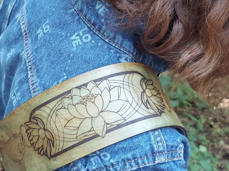 Handmade Leather Guitar Strap - Blue Lotus & Koi Fish. Hand crafted with thick premium leather. Fully adjustable sizing for custom height