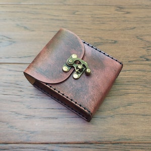 Playing Card Game Case Handmade premium leather. Hand dyed in Mahogany, hand sewn in Black hand crafted poker sized card case holds 2 decks.