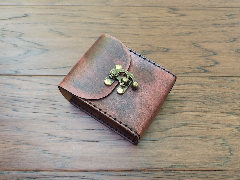 Playing Card Game Case Handmade premium leather. Hand dyed in Mahogany, hand sewn in Black hand crafted poker sized card case holds 2 decks.