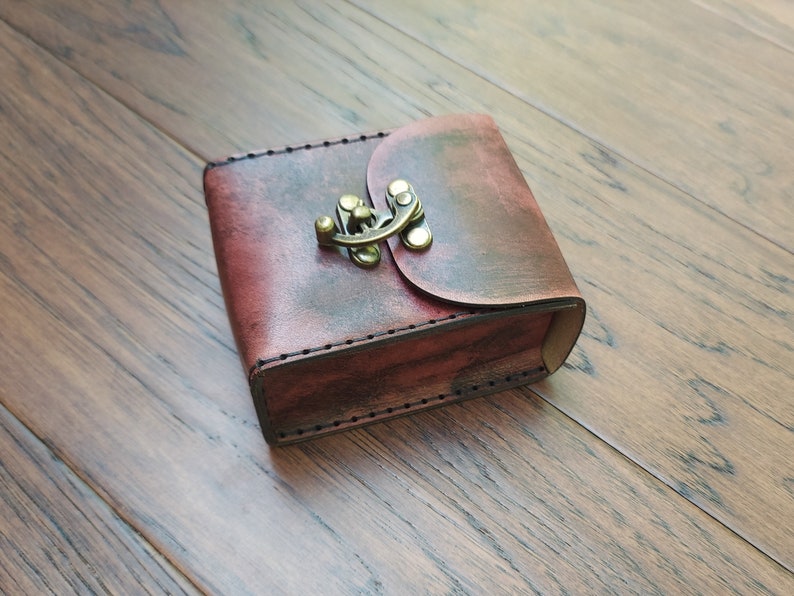 Playing Card Game Case Handmade premium leather. Hand dyed in Mahogany, hand sewn in Black hand crafted poker sized card case holds 2 decks.