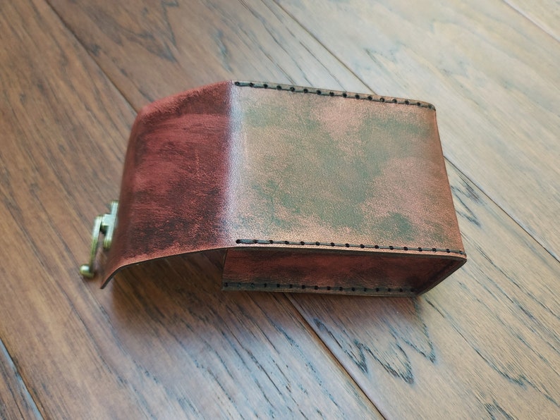 Playing Card Game Case Handmade premium leather. Hand dyed in Mahogany, hand sewn in Black hand crafted poker sized card case holds 2 decks.