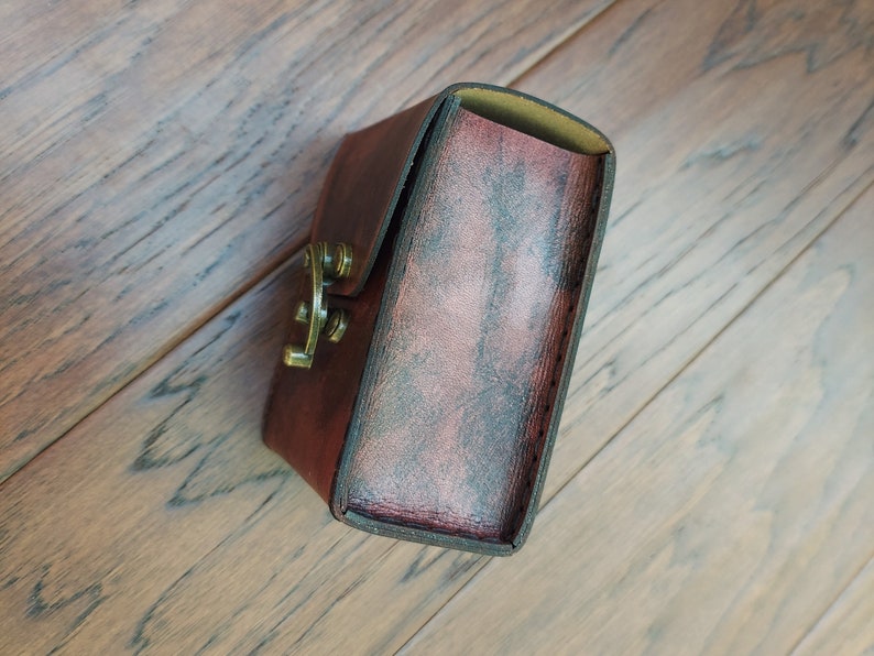 Playing Card Game Case Handmade premium leather. Hand dyed in Mahogany, hand sewn in Black hand crafted poker sized card case holds 2 decks.