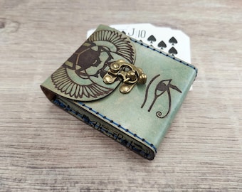 Artisan Full Grain Leather Playing Card Case – Egyptian Magician Motif in Muted Turquoise, Holds 1 Poker Deck