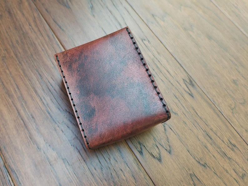 Playing Card Game Case Handmade premium leather. Hand dyed in Mahogany, hand sewn in Black hand crafted poker sized card case holds 2 decks.
