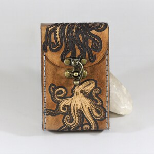 Senor Tentacles 3 color leather tarot card case. Handmade premium tarot deck box featuring Octopus tentacles, Squid Tentacles, & Cthulu