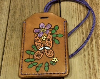 Custom Leather Luggage Tag - Handmade, Hand Painted, Customized, Top Grain Leather pocketed Luggage Tag, Personalized