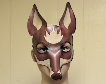 Mahogany Leather Fox Mask.  Hand formed & detailed thick vegetable tanned leather red fox mask.