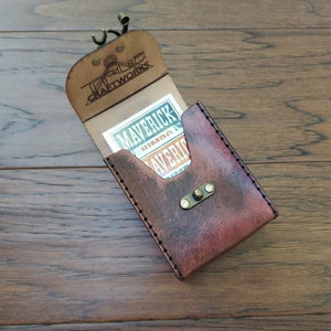 Playing Card Game Case Handmade premium leather. Hand dyed in Mahogany, hand sewn in Black hand crafted poker sized card case holds 2 decks.