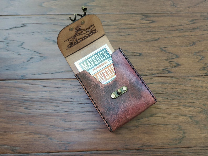 Playing Card Game Case Handmade premium leather. Hand dyed in Mahogany, hand sewn in Black hand crafted poker sized card case holds 2 decks.