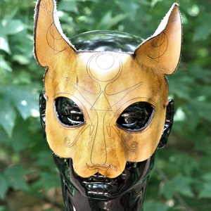 Leather Egyptian Lioness / Cat / Bastet / Bast Mask.  Hand formed leather mask in ancient Egypt motif including the Eye of Horus & the Ankh.