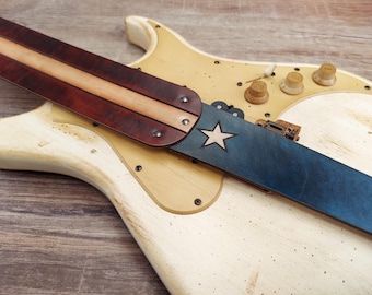 Handmade Leather Guitar Strap – Distressed Red, Blue & Natural Tan with Vintage Americana Star and Stripe Design
