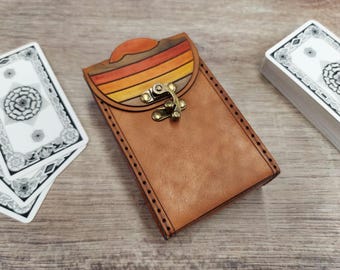Retro Style Mountain Sunset Handmade Premium Leather Tarot Card Case in light Brown - Mountain Sunrise