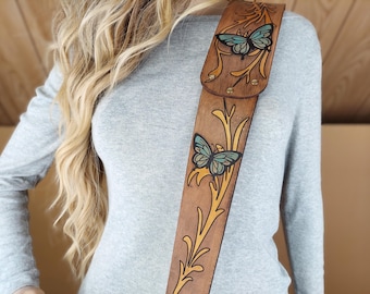 Artisan Butterfly Leather Guitar Strap – Hand Painted Turquoise Pearl & Gold on Distressed Full‑Grain Leather