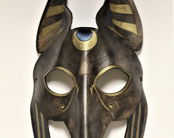 Leather Egyptian Anubis  Mask / Black Jackal Mask.  Hand formed leather mask in ancient Egypt motif including the Eye of Horus & the Ankh.