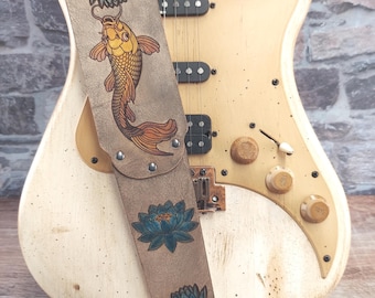 Blue Lotus & Koi Leather Guitar Strap – Hand‑Painted Art on mildly Distressed Smokey Gray Full‑Grain Leather - adjustable sizing - hand made