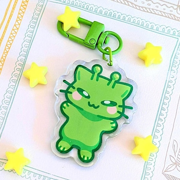ALIEN CAT Gleep Glorp Green Alien Cat Acrylic Keychains | Cute Acrylic Charms | Clear Acrylic Accessories | Meme Cat Keychain