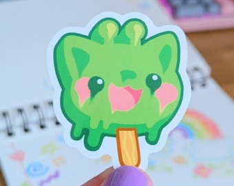 POPSICLE Gnarpy Green Alien Cat Melted Popsicle Vinyl Sticker | Waterproof Weatherproof Stickers | Cat Meme Stickers