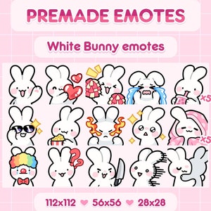 Biały Króliczek - 23 słodkie emotikony | Gotowe emotikony Aktywa cyfrowe Emoji Emotikony Twitch Discord Transmisja na żywo Stream Youtube OBS