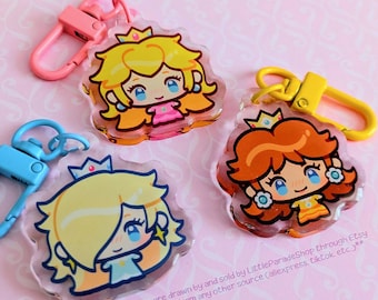 MARIO Princess Peach Daisy Rosalina Chibi Acrylic Keychains | Cute Acrylic Charms | Clear Acrylic Accessories