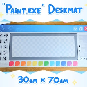 May include: A rectangular deskmat with a blue and white design resembling a computer program window. The mat features the text "Paint.exe" and various icons associated with digital art. It measures 30cm x 70cm.