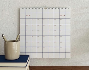 großer Kalender 2024, quadratisch, Kalender BLAU, Monatskalender, karierter Kalender, Wandkalender, Ringbindung, 30x30 cm, Naturpapier